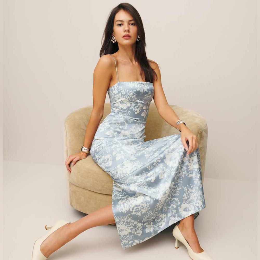 Reformation Frankie Silk Dress Slip Maxi Dress in blue porcelain